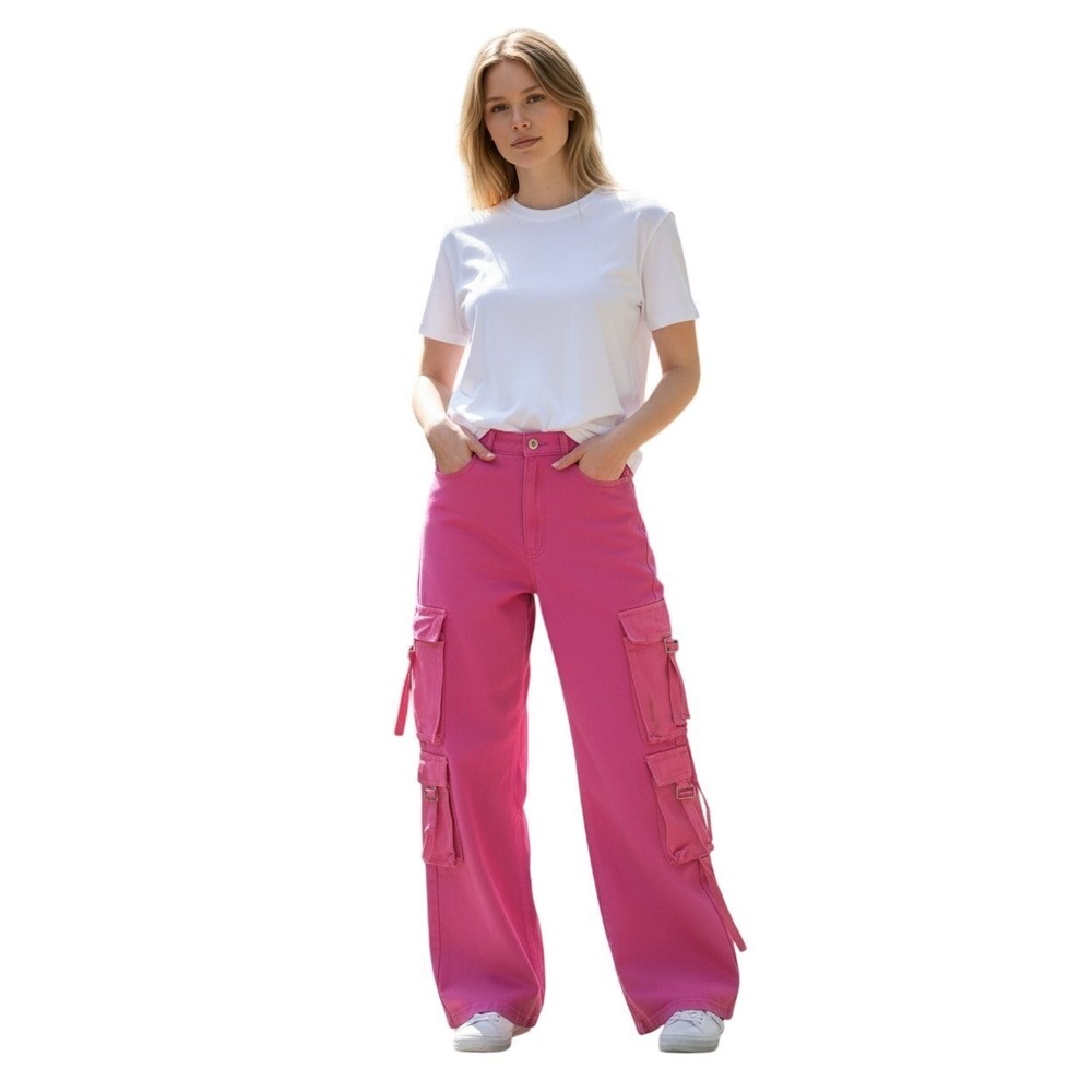 Hot Pink Cargo Jeans Wide Leg High Waisted‎ Denim Pants
